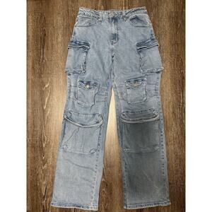 WFFS Cargo Jeans Women Size L Y2K Style Multi Pocket Light Wash